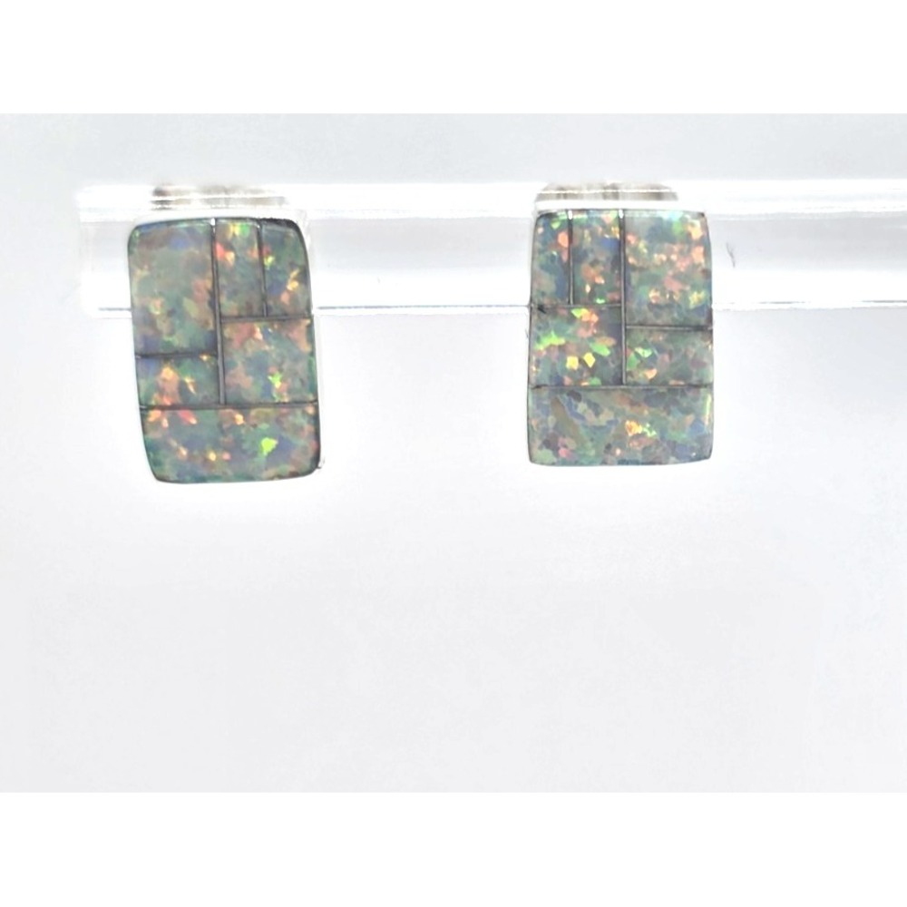 Opal Sterling Silver Inlay Earrings Pierced Rectangles Signed SM Beautiful NWOT